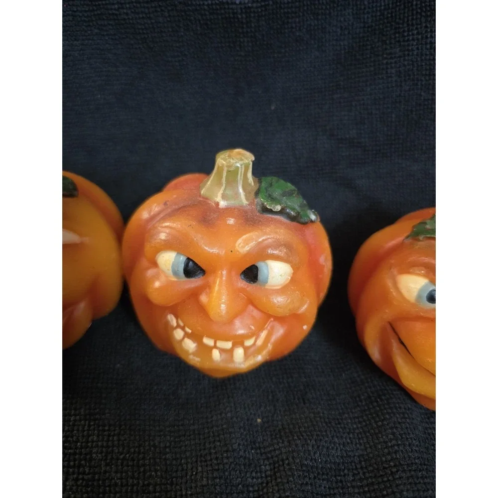 Vintage Halloween Pumpkin Jack O Lantern Faces Wax Candle Anthropomorphic‎ Qty 3